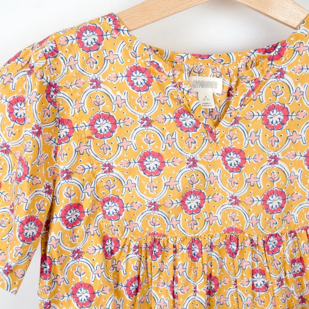 Gymboree Boho Floral Print Short Sleeve Blouse Mustard Yellow Pink Girls‎ 5-6